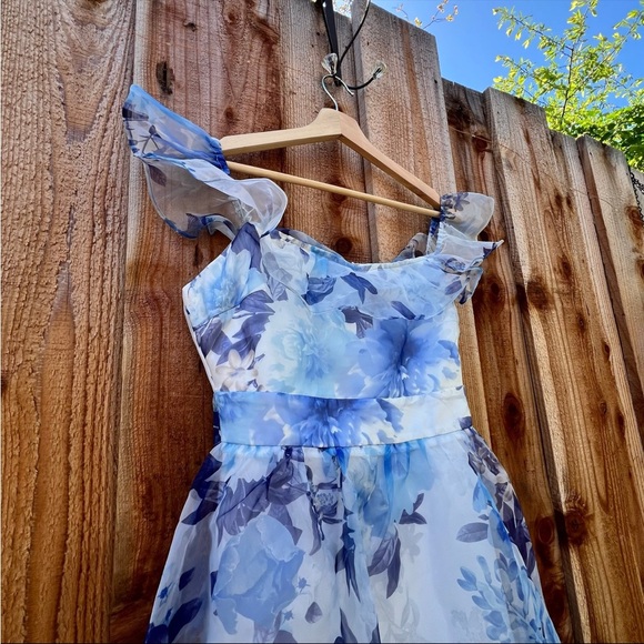 White and Blue Floral Organza Off-the-Shoulder Midi Dress ๐ฟ - Picture 4 of 10